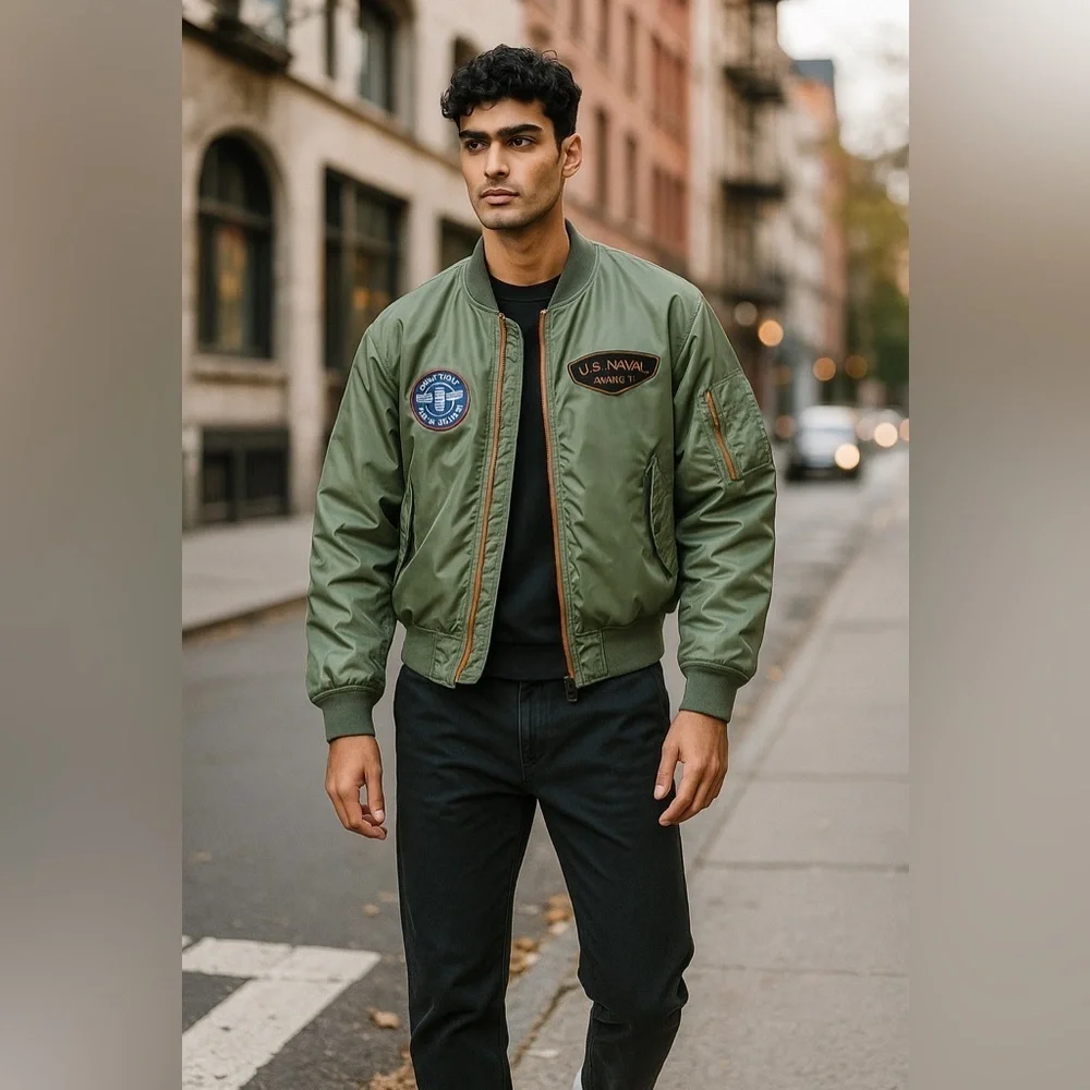 Navy Bomber men’s top gun fighter pilot patch jacket satin green size large